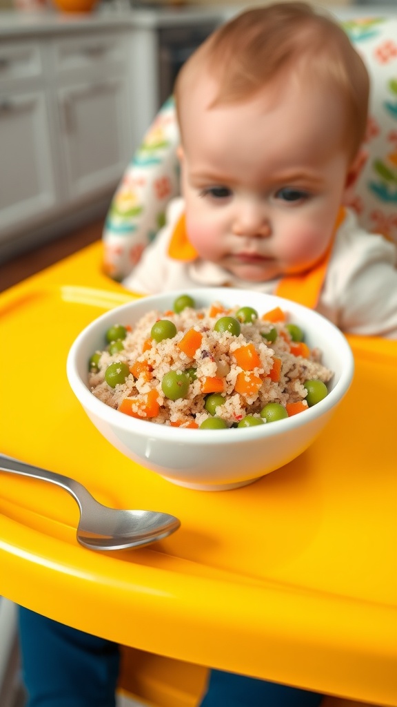 Bowl of quinoa with chopped carrots and peas on a highchair tray, ready for a baby.